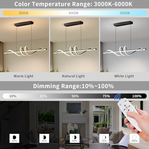 A-Black 39in Dimmable LED Pendant Light with Remote Control - Adjustable Color Temperature for Kitchen & Dining