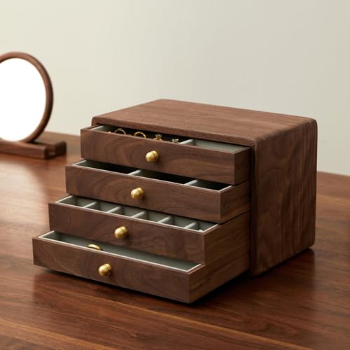 Wooden Jewelry Box with 4 Drawers - Black Walnut Jewelry Organizer for Women & Men - Handcrafted Storage Solution
