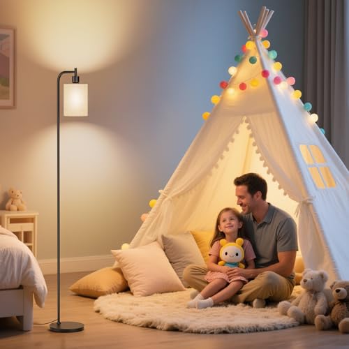 Beige Floor Lamp with Linen Shade, Dimmable Tall Standing Lamp with Remote & 3 Color Temperatures