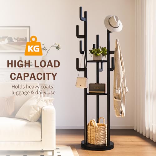 Freestanding Wooden Coat Rack with 9 Hooks & 3 Shelves - Black, 360° Rotating Entryway Organizer