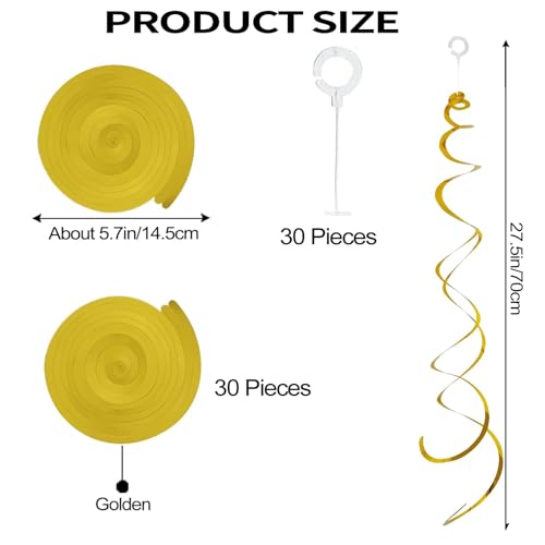 30 Pieces Hanging Swirl Party Decorations Foil Decorations Ceiling Swirl Spiral Hanging Plastic Streamer for Ceiling Birthday Graduation Wedding Celebration Baby Shower Party Supply (Gold)