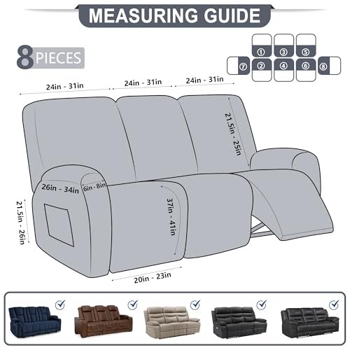 ANARACHON Brown 3-Seater Leather Look Recliner Couch Cover, 8-Piece Stretch Slipcover
