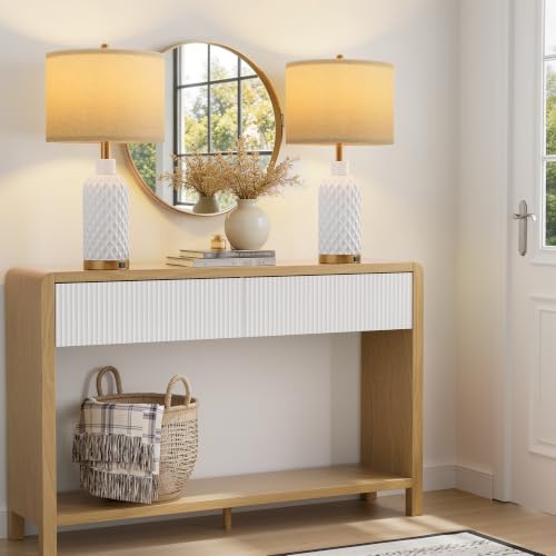 SIBRILLE 25-Inch White Ceramic Table Lamps Set of 2 with USB-C, USB-A & Outlet