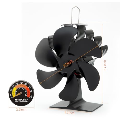 Large Heat Powered Wood Stove Fan for Fireplace & Log Burner - Silent, Thermo-Operated, Aluminum Blade, with Thermometer