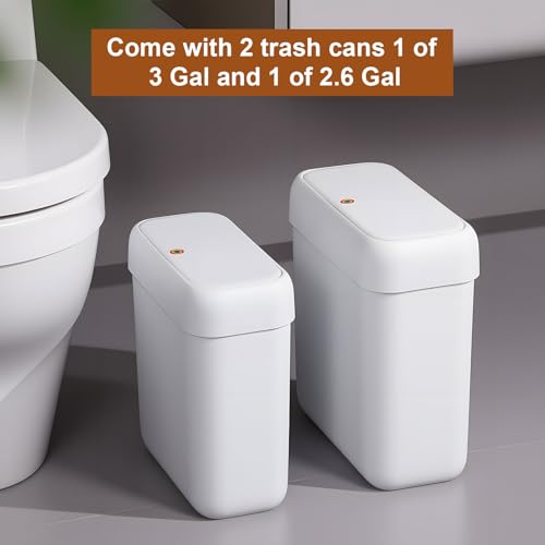 Funest 2 Pack Slim Bathroom Trash Cans with Lid - 3 Gal & 2.7 Gal Waste Bins for Small Spaces, RV, Office, White