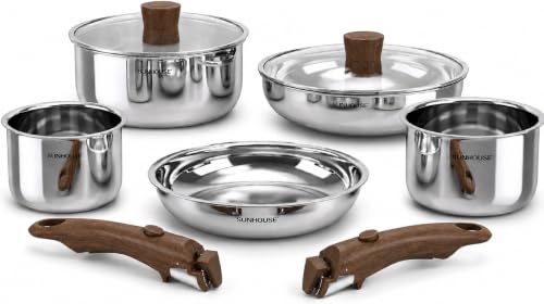 Sunhouse 9-Piece Stainless Steel Cookware Set with Detachable Handle - Silver