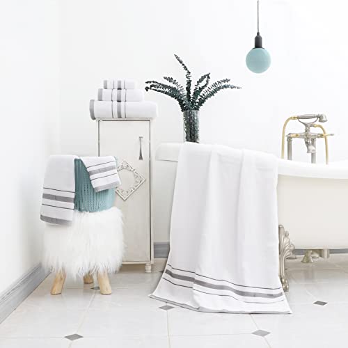 White/Grey Luxury 6-Piece Cotton Bath Towels Set - Soft Absorbent Quick Dry