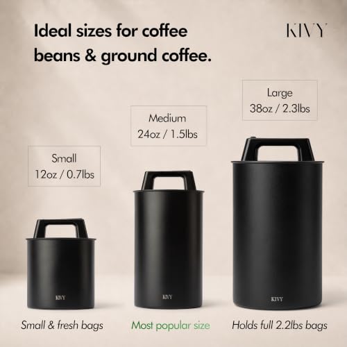 KIVY Large Black Vacuum Coffee Canister - Airtight Stainless Steel Storage for Fresh Coffee