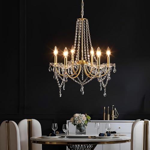 6-Light Gold Crystal Plug-In Chandelier with Long Cord - Modern Pendant Light for Dining Room Bedroom Living Room