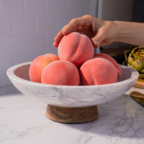 Marble Decorative Bowl with Acacia Wood Pedestal - 11 Inch Centerpiece