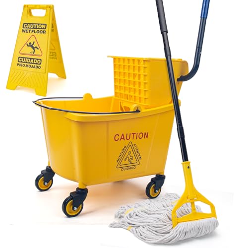 Kefanta 35 Qt Commercial Mop Bucket Set with Wringer on Wheels, Yellow