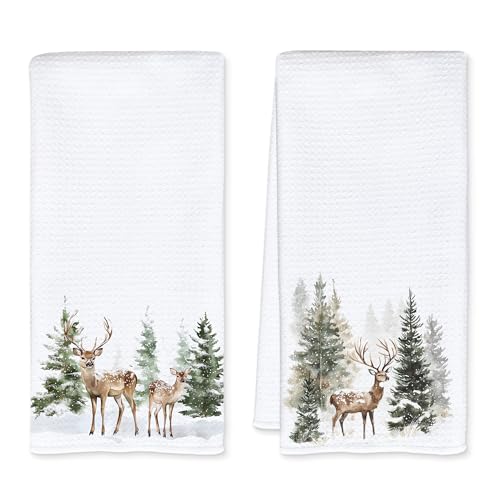 Winter Deer Christmas Kitchen Towels - Rustic Holiday Dish Hand Towels, 16x24 Inches, Set of 2