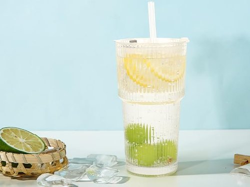 AiMQnLe 20 OZ Iced Coffee Cup With Lids and Straws,Vintage Glass Tumbler, Ribbed Glassware for Whiskey Cocktail Beer, Drinking Glasses