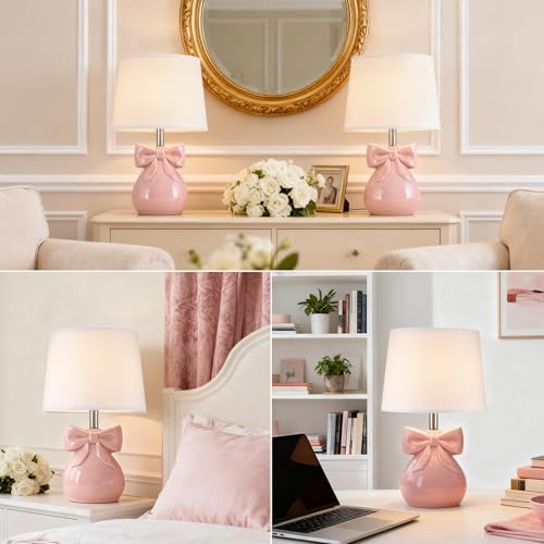 Pink 2 Pack 19-Inch Cute Bow Table Lamps Set for Girl's Room & Bedroom - Modern Ceramic Design