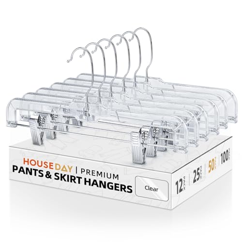 50 Pack Clear Plastic Clip Hangers for Skirts & Pants - Heavy Duty, Adjustable, Non-Marking