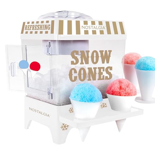 Nostalgia Snow Cone Shaved Ice Machine - White Retro Tabletop Slushie Maker with 2 Cups & Scoop