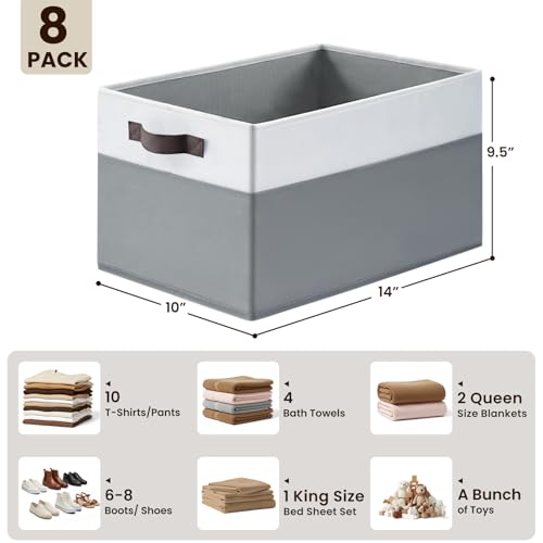 Criusia Large Storage Baskets 8 Pack - White with Grey, 14x10x9.5 Inches Closet Organizers