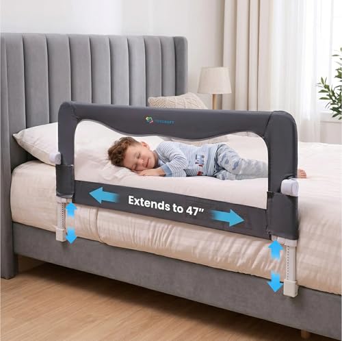 Toddler Bed Rail Guard - Adjustable Fit for Twin, Full, Queen & King Beds - Grey / 35.5"-47" L x 20.5"-25.6" H - ASTM Certified Safety