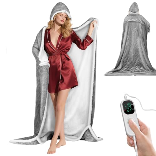 Wearable Heated Blanket with Foot Pocket & Detachable Hood - 8 Heat Settings