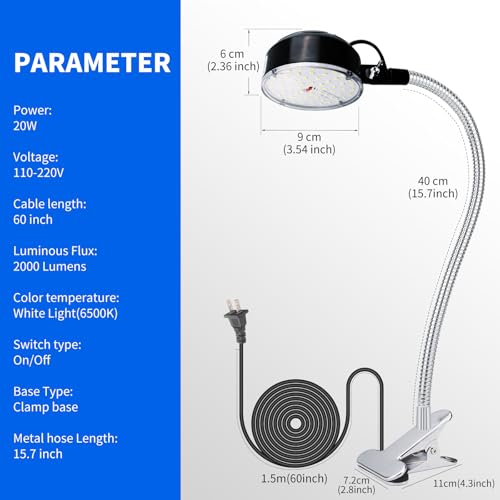Silver Clamp Light with Bright 2000 Lumens LED for Workshop & Small Area Tasks - Flexible & Strong Clip
