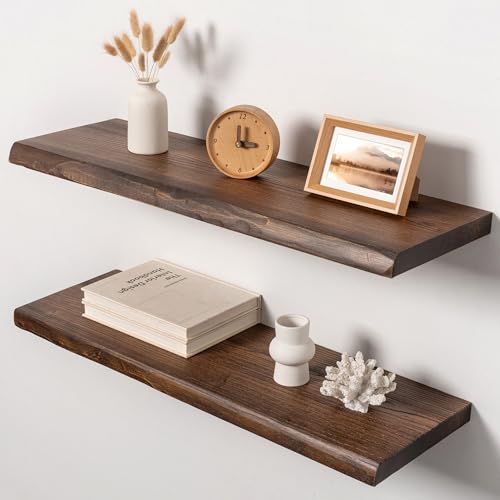 Vintage Weathered 32-Inch Live Edge Floating Shelves Set of 2 - Solid Elm Wall Shelves