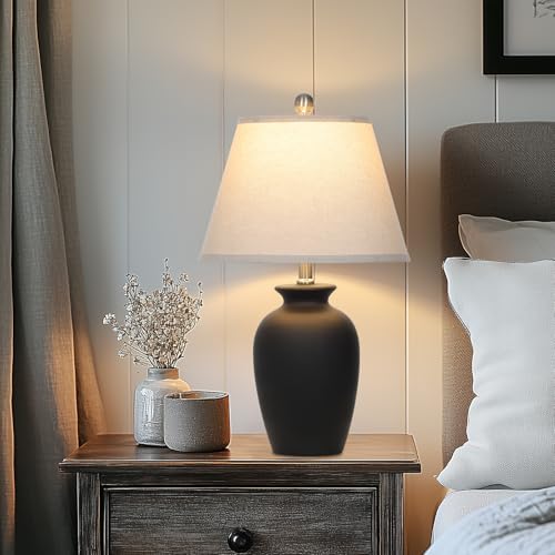 Black Ceramic Farmhouse Table Lamp - 22 Inch Rustic Ginger Jar Accent Light