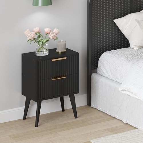 YAUKOMEL Fluted Nightstand with 2 Drawers - Black Bedside Table, Modern Design