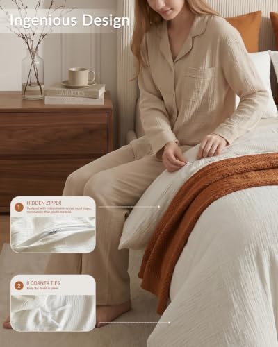 SE SOFTEXLY White Queen Size Muslin Duvet Cover Set - 100% Washed Cotton, Ultra Soft, Linen-Like, 3 Pieces