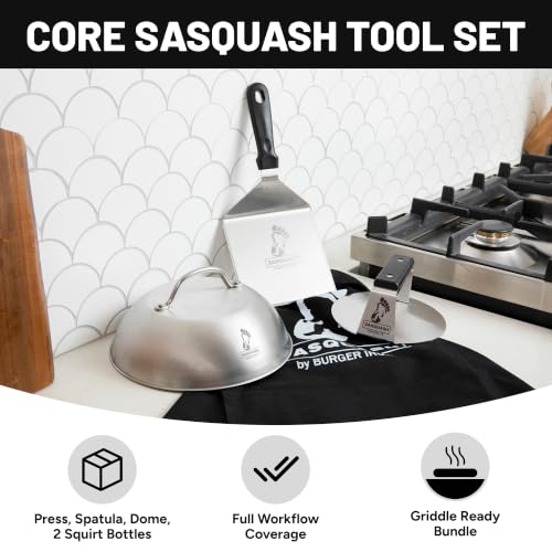 Burger Smash Set - 5 Piece Griddle Kit with Press, Spatula, Dome & Bottles - Combo