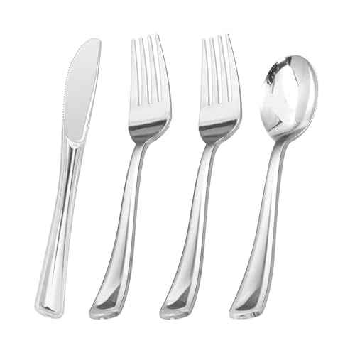 BESTVIP 60PCS Silver Plastic Silverware, Silver Disposable Utensils, Heavy Duty Cutlery Set of 30 Forks, 15 Spoons, 15 Knives for Party, Thanksgiving, Christmas, Wedding, Catering and Daily Use