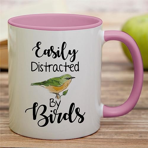 Retreez Easily Distracted by Birds Coffee Mug, White w/ Pink Handle - 11 oz