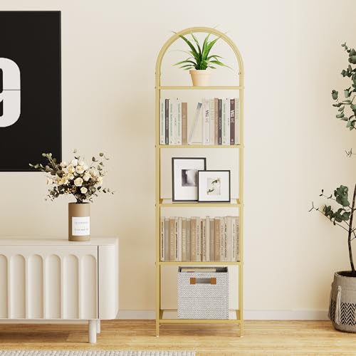 Gold 5-Tier Tall Bookshelf with Glass Shelves - Arched Bookcase, 11.8 x 13.8 x 57.1 inches
