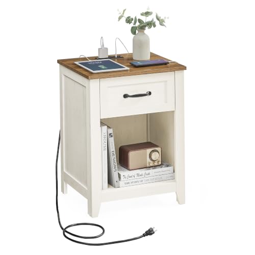 VASAGLE Farmhouse Nightstand with Charging Station - Rustic White + Honey Brown | 1 Drawer