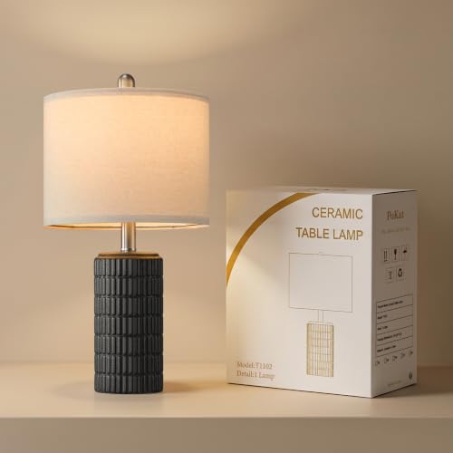 PoKat 21'' Matte Black Ceramic Table Lamp with Linen Shade - Modern Bedroom Decor