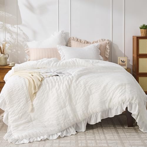JOLLYVOGUE White Full Size 3-Piece Seersucker Comforter Set - All Season Lightweight Bedding