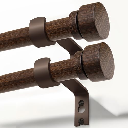 Deep Walnut Wood Curtain Rods 2 Pack - Heavy Duty Adjustable Window Rods 28-48 inches