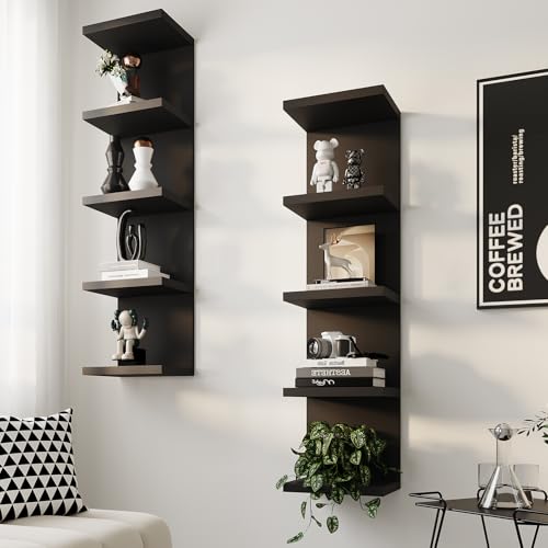 LitaEther 5-Tier Black Floating Wall Shelf Set of 2 - Modern Display Storage