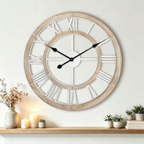 24 Inch Large Rustic Wall Clock - Silent Wooden Farmhouse Decor with Roman Numerals - Light Ivory Variation