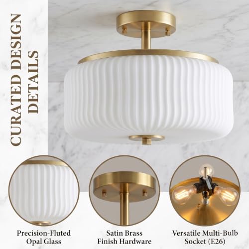Gold & White Semi Flush Ceiling Light - 3 Light Schoolhouse Fixture with Ribbed Milk Glass Shade - Close to Ceiling Mount for Bedroom & Kitchen - Variation: Gold/White Semi