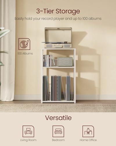 VASAGLE Rustic White 3-Tier Record Player Stand with Vinyl Storage, Holds 100 Albums