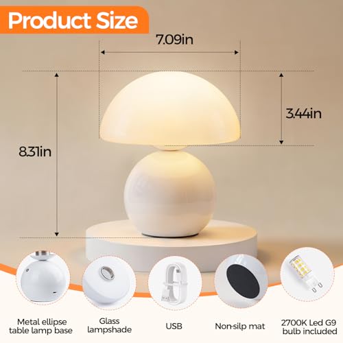 White Wireless Mushroom Table Lamp with 5200mAh Battery - Modern Touch Bedside Light