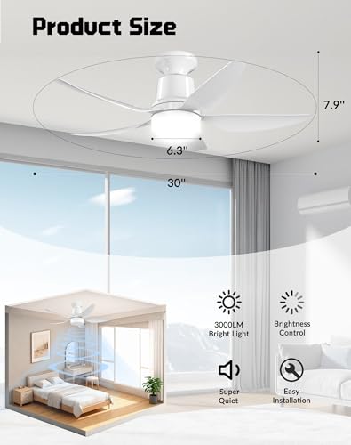 30-Inch Ceiling Fan with Light and Remote, Dimmable LED, Quiet Energy-Saving Motor