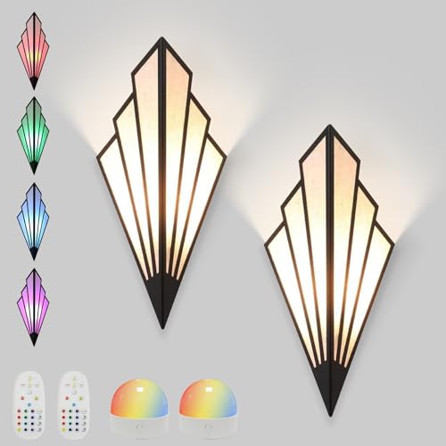 Black Modern Battery Operated Wall Sconce Set of Two with Remote RGB Dimmable LED Lighting