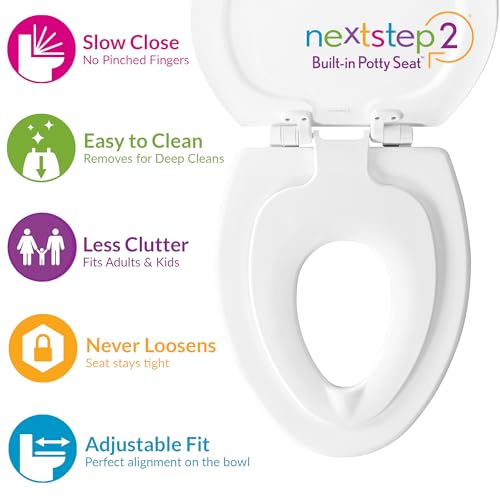 Mayfair NextStep2 Elongated Toilet Seat with Built-In Potty Training, Slow-Close, Removable, White - Family & Space-Saving