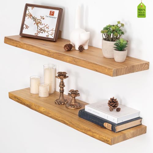 Fun Memories Natural Finish Live Edge Floating Shelves Set of 2, 32" Wide Wall Shelves