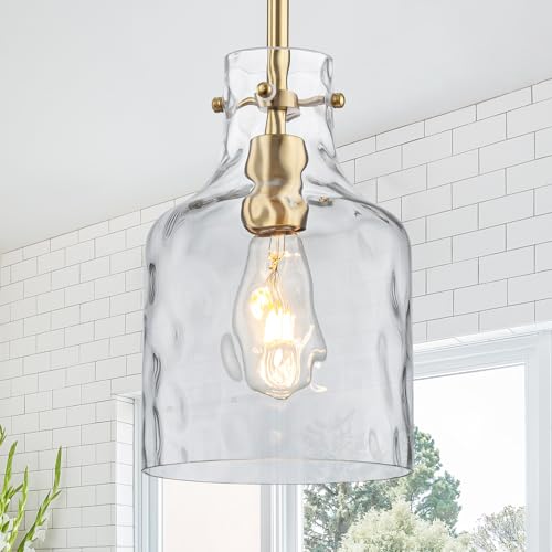 Pendant Light Fixture with Hammered Glass Shade - Gold Finish, 7 Inch, Adjustable Hanging for Kitchen Island & Dining - Variation of Gold Hammered Glass / 1-Light