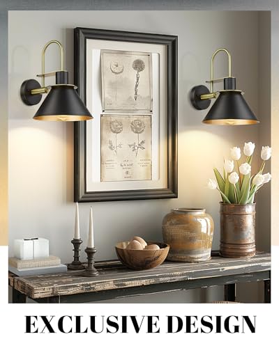 Black and Gold Industrial Wall Sconce Set of 2 - Modern Bathroom Vanity & Bedroom Lighting, Medium
