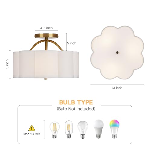 CALOKES Semi Flush Mount Ceiling Light - Scalloped White Fabric Shade & Gold Support, 11.8" Modern 3-Light Fixture for Bedroom, Kitchen, Living Room