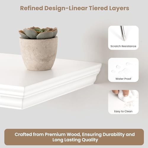 White 36 Inch Floating Shelves Set of 2 with Crown Molding, 9.3" Deep Wall Shelves