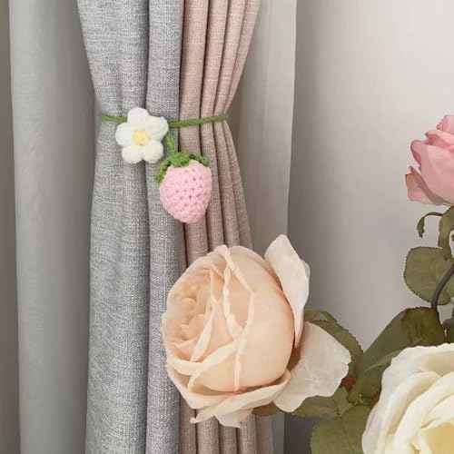 Crochet Strawberry Car Accessories, Handmade Strawberry Car Hanging Ornament, Pink Rearview Mirror Hanging Accessories Cute Hanging Decor for Women and Girls - 2PCS